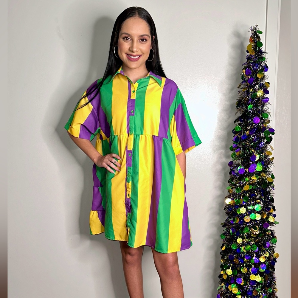 Mardi Gras striped dress w/ pockets.